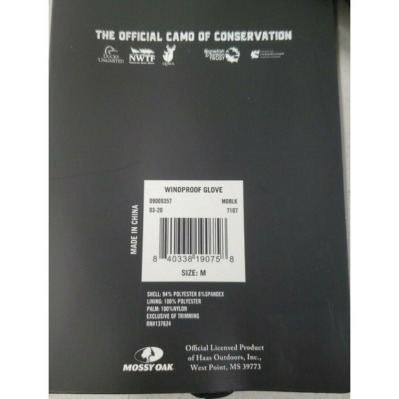 Mossy Oak Wind Proof Black Gloves Fleece Lined Padded Knuckles Non Slip Palm Med - Picture 6 of 11